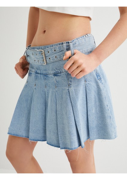 Pileli Kot Etek Mini Kemer Detaylı indirimleri