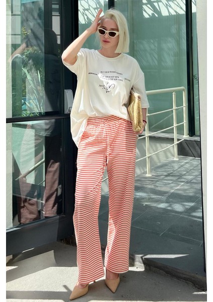 Kadın Turuncu Beli Ayarlanabilir Pamuklu Bol Paça Dökümlü Pantolon Çizgili Model
