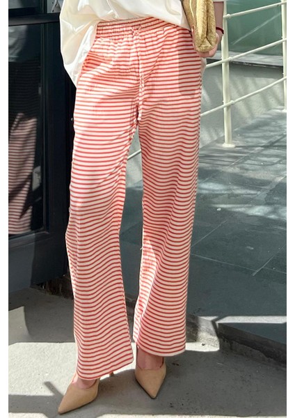 Kadın Turuncu Beli Ayarlanabilir Pamuklu Bol Paça Dökümlü Pantolon Çizgili Model fiyatları