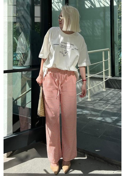 Kadın Turuncu Beli Ayarlanabilir Pamuklu Bol Paça Dökümlü Pantolon Çizgili Model modelleri