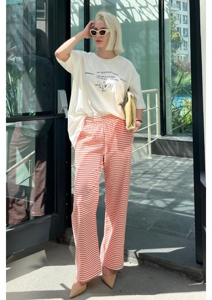Kadın Turuncu Beli Ayarlanabilir Pamuklu Bol Paça Dökümlü Pantolon Çizgili Model fırsatları