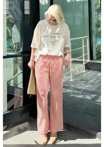 Kadın Turuncu Beli Ayarlanabilir Pamuklu Bol Paça Dökümlü Pantolon Çizgili Model indirimleri