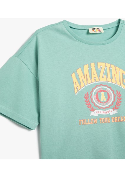 Crop Tişört Kısa Kollu Bisiklet Yaka Slogan Baskılı Pamuklu modelleri