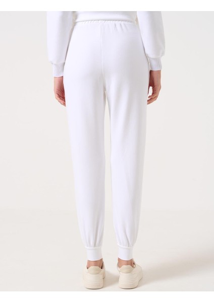 Beyaz Yüksek Bel Beli Bağlamalı Ribanalı Jogger Pantolon