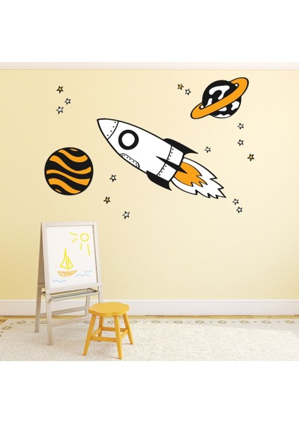Siyah ve Sarı Uzay Roketi Dekoratif Duvar Sticker Çıkartma Bebek Çocuk Odası