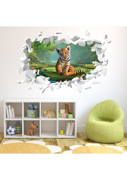 Kaplan Yavrusu Beyaz Tuğla 3D Delik Dekoratif Duvar Sticker Çıkartma Bebek Çocuk Odası