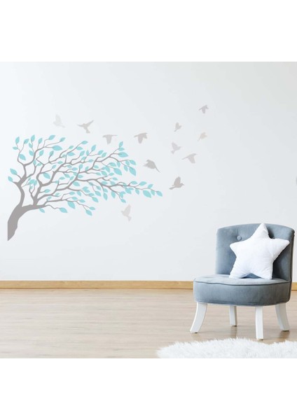 Buz Mavisi ve Gri Ağaç Dalı Dekoratif Duvar Sticker Çıkartma Ofis Oturma Odası