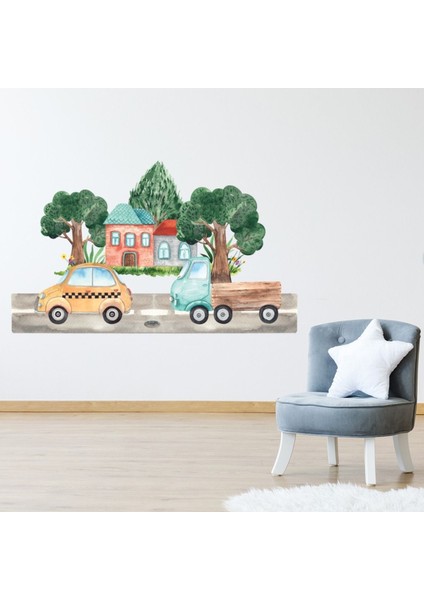 Taksi ve Kamyon Çocuk Odası Dekoratif Duvar Sticker Çıkartmaları Sahne Bebek Çocuk Odası
