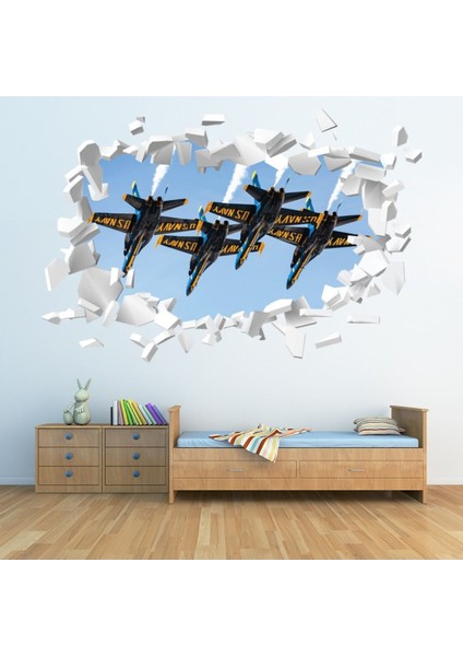 Savaş Jetleri Beyaz Tuğla 3D Delikli Dekoratif Duvar Sticker Çıkartması Bebek Çocuk Odası