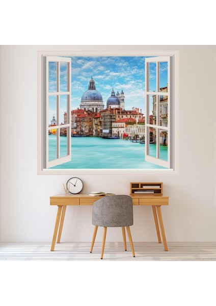 Büyük Kanal Venedik 3D Pencere Dekoratif Duvar Sticker Çıkartma Ofis Oturma Odası