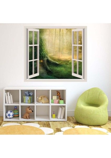 Büyülü Ağaç Evi Peri Masalı 3D Pencere Dekoratif Duvar Sticker Çıkartması Ofis Oturma Odası