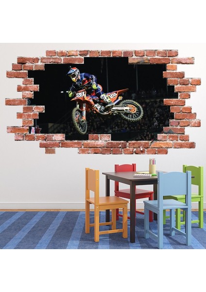 Motosiklet Dublör Ekstrem Sporlar Kırmızı Tuğla 3D Delik Dekoratif Duvar Sticker Çıkartması Bebek