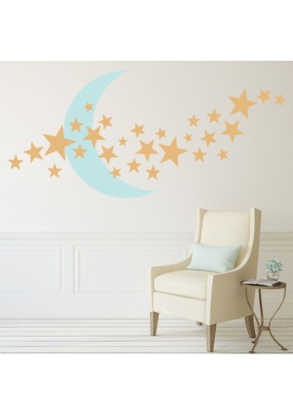 Mavi Ay Yıldız Kreş Dekoratif Duvar Sticker Çıkartma Bebek Çocuk Odası