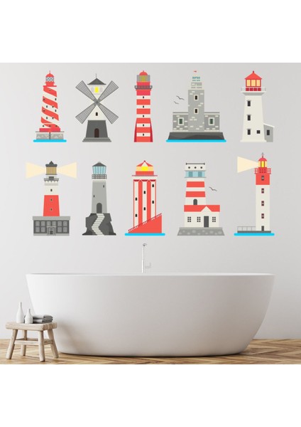 Deniz Feneri Deniz Manzarası Dekoratif Duvar Çıkartma Seti Ofis Oturma Odası