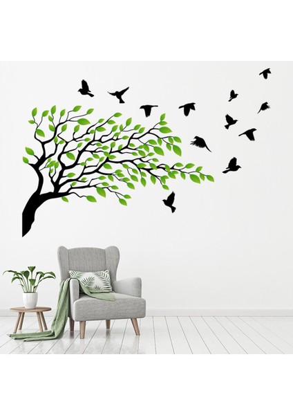 Yeşil Ağaç Dalı ve Kuşlar Dekoratif Duvar Sticker Çıkartma Ofis Oturma Odası