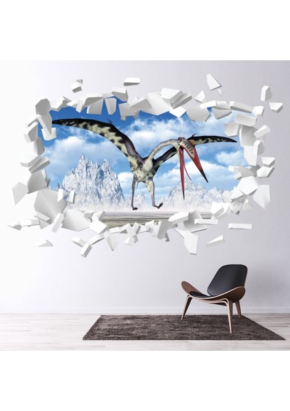Pterodactyl Dinozor Beyaz Tuğla 3D Delik Dekoratif Duvar Sticker Çıkartması Bebek Çocuk Odası