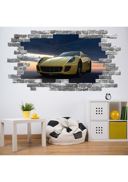 Sarı Hızlı Spor Araba Gri Tuğla 3D Delik Dekoratif Duvar Sticker Çıkartması Bebek Çocuk Odası