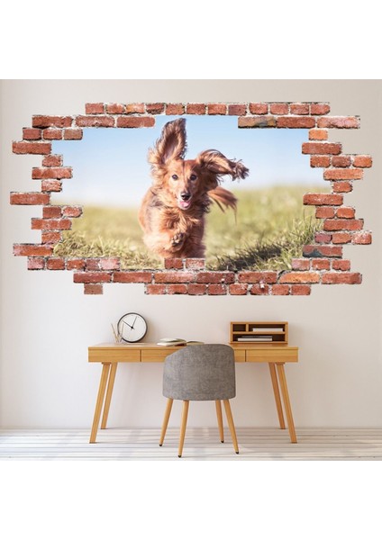 Daschund Köpek Kırmızı Tuğla 3D Delik Dekoratif Duvar Sticker Çıkartması Bebek Çocuk Odası