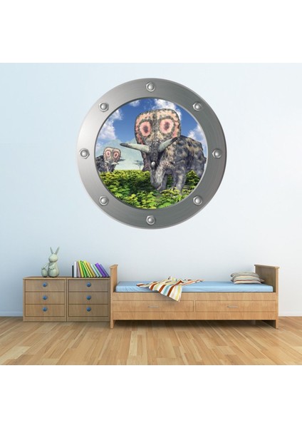 Triceratops Dinozor Jurassic Porthole Dekoratif Duvar Sticker Çıkartma Bebek Çocuk Odası