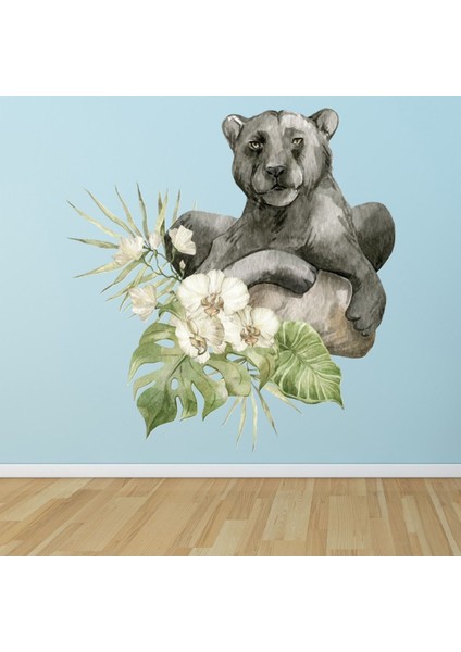 Kara Panter Beyaz Tropikal Çiçekler Dekoratif Duvar Sticker Çıkartma Yatak Çocuk Odası