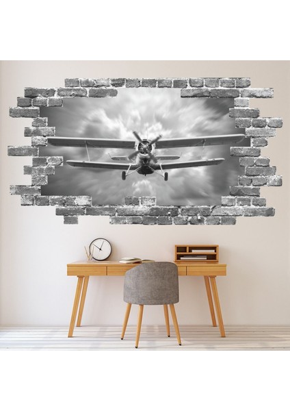 Çift Kanatlı Uçak Gri Tuğla 3D Delik Dekoratif Duvar Sticker Çıkartması Bebek Çocuk Odası