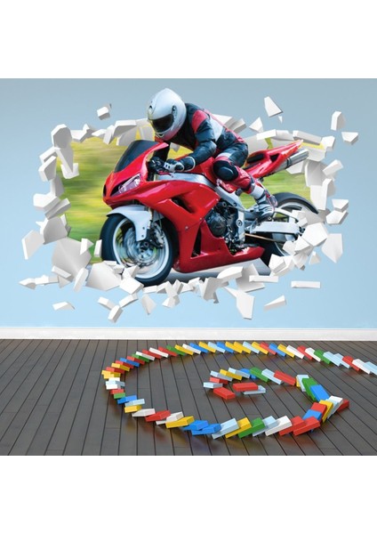 Kırmızı Motosiklet Beyaz 3D Delikli Dekoratif Duvar Sticker Çıkartması Bebek Çocuk Odası