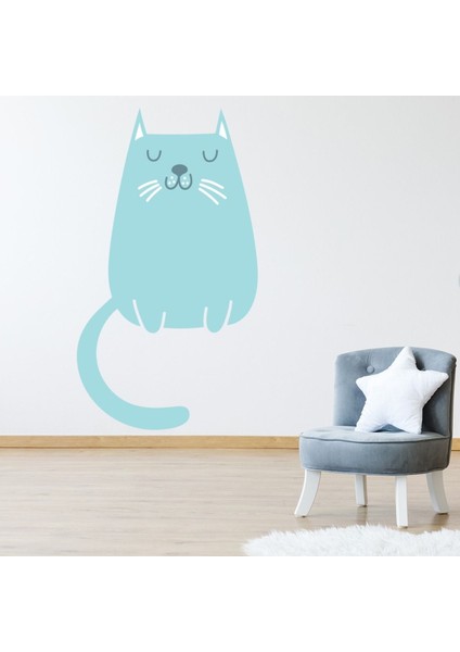 Mavi Kedi Sevimli Yavru Kedi Dekoratif Duvar Sticker Çıkartma Yatak Çocuk Odası