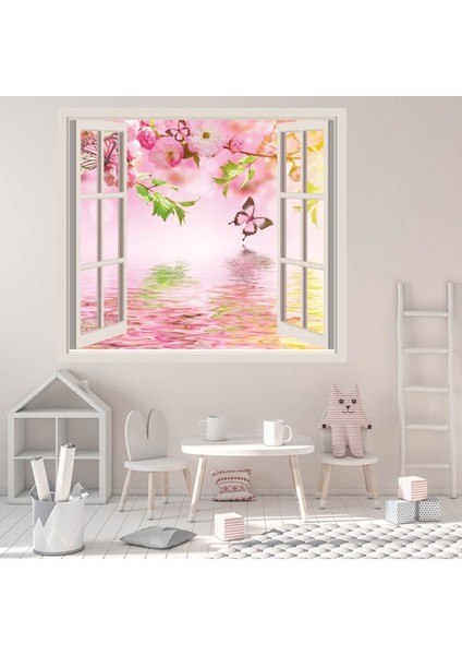 Pembe Kelebek ve Çiçekler 3D Pencere Dekoratif Duvar Sticker Çıkartması Bebek Çocuk Odası
