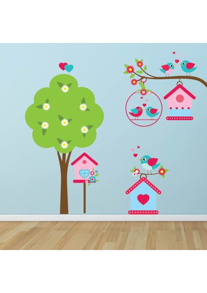 Pembe Kuş Evi ve Ağaç Kreş Dekoratif Duvar Çıkartma Seti Bebek Çocuk Odası