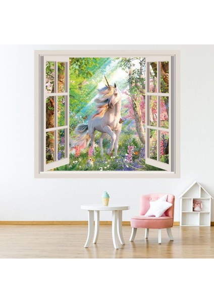 Tek Boynuzlu At Büyülü Orman 3D Pencere Dekoratif Duvar Sticker Çıkartma Bebek Çocuk Odası