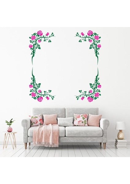 Pembe Gül Çiçek Sınır Çerçeve Dekoratif Duvar Sticker Çıkartması Ofis Oturma Odası