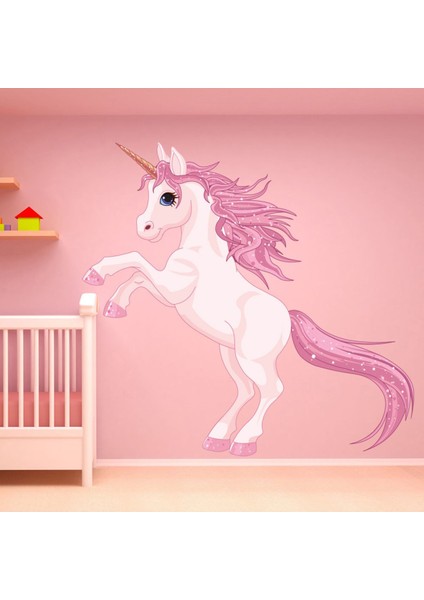 Pembe Tek Boynuzlu At Dekoratif Duvar Sticker Çıkartma Bebek Çocuk Odası