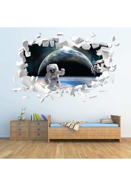 Astronot ve Planet Earth Beyaz Tuğla 3D Delikli Dekoratif Duvar Sticker Çıkartması Bebek Çocuk Odası