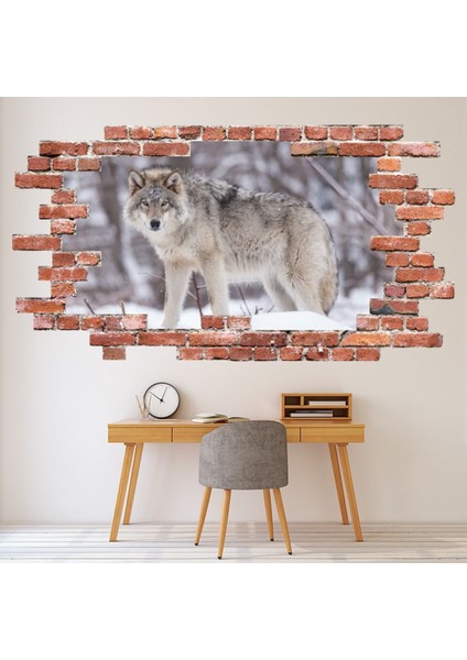 Gri Kış Kurt Kırmızı Tuğla 3D Delik Dekoratif Duvar Sticker Çıkartması Bebek Çocuk Odası