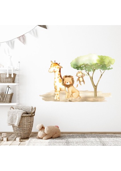 Bebek Zürafa ve Aslan Çocuk Kreş Safari Dekoratif Duvar Sticker Çıkartması Bebek Çocuk Odası