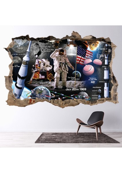 Apollo 11 Space 3D Delikli Dekoratif Duvar Sticker Çıkartması Bebek Çocuk Odası