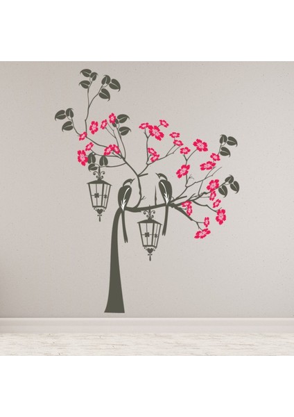 Güzel Kuş Ağacı Pembe Çiçekler Dekoratif Duvar Sticker Çıkartma Ofis Oturma Odası