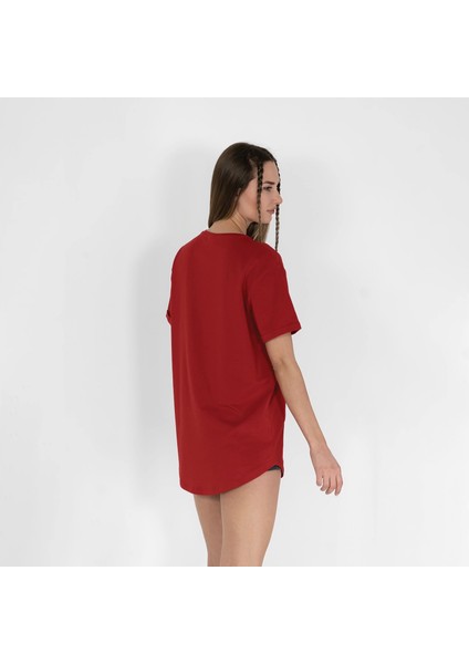Oval Etek Nakışlı Unisex Kırmızı T-Shirt indirimleri