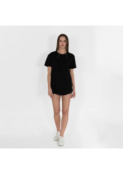 Oval Etek Nakışlı Unisex Siyah T-Shirt