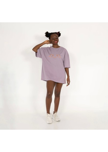 Oversized World Baskılı Unisex Lila T-Shirt