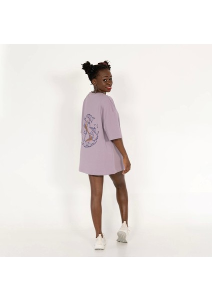 Oversized World Baskılı Unisex Lila T-Shirt modelleri