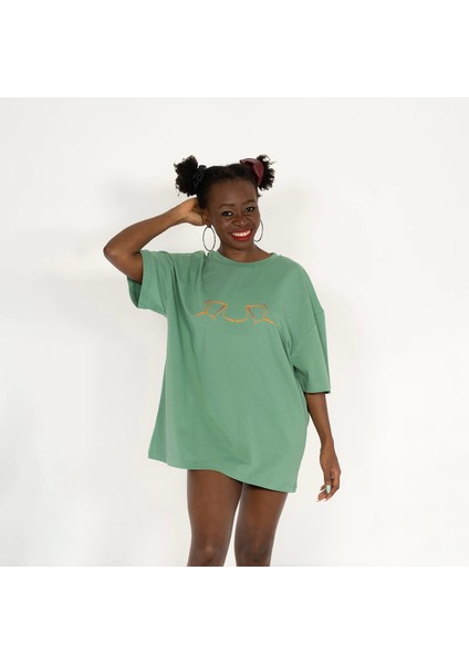 Oversized World Baskılı Unisex Yeşil T-Shirt