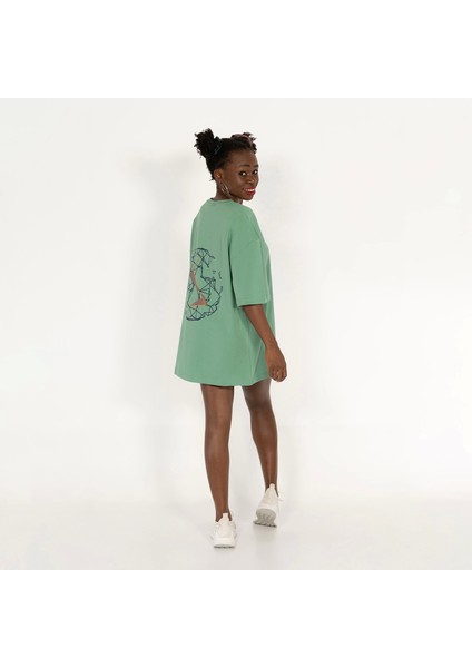 Oversized World Baskılı Unisex Yeşil T-Shirt