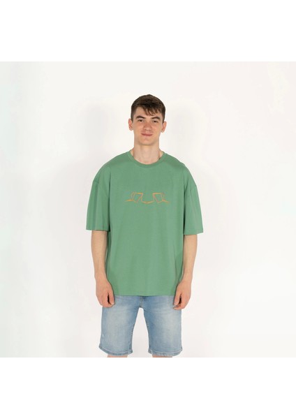 Oversized World Baskılı Unisex Yeşil T-Shirt