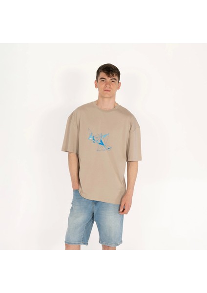 Oversized Ice-Krıstal Unisex Bej T-Shirt