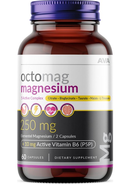 Octomag X5 Magnezyum 250MG Complex 60 Bitkisel Kapsül Malat Sitrat Taurat Bisglisinat Treonat B6