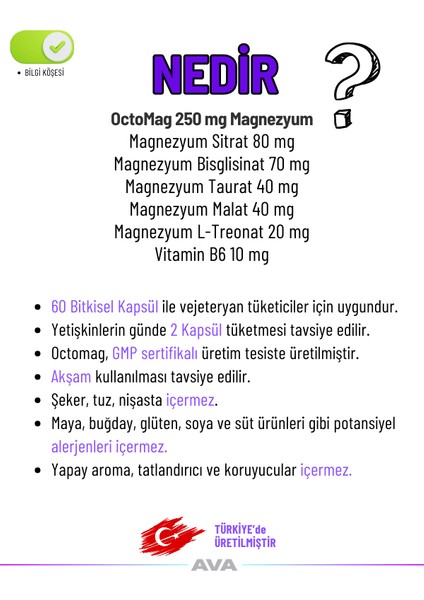 Octomag X5 Magnezyum 250MG Complex 60 Bitkisel Kapsül Malat Sitrat Taurat Bisglisinat Treonat B6