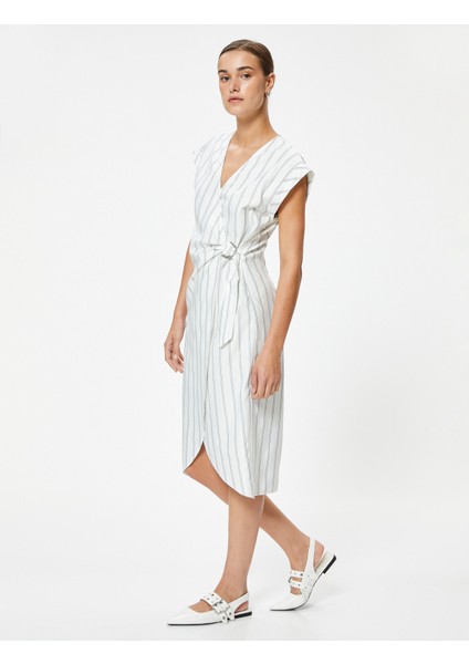 Midi Kruvaze Elbise Kolsuz Kemer Detaylı Slim Fit