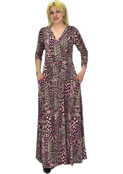 Kadın Etnik Desenli V Yaka Elbise BGL-ST03546