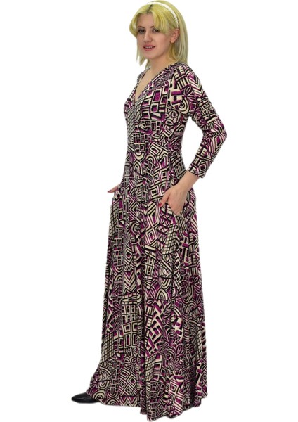 Kadın Etnik Desenli V Yaka Elbise BGL-ST03546 fiyatları